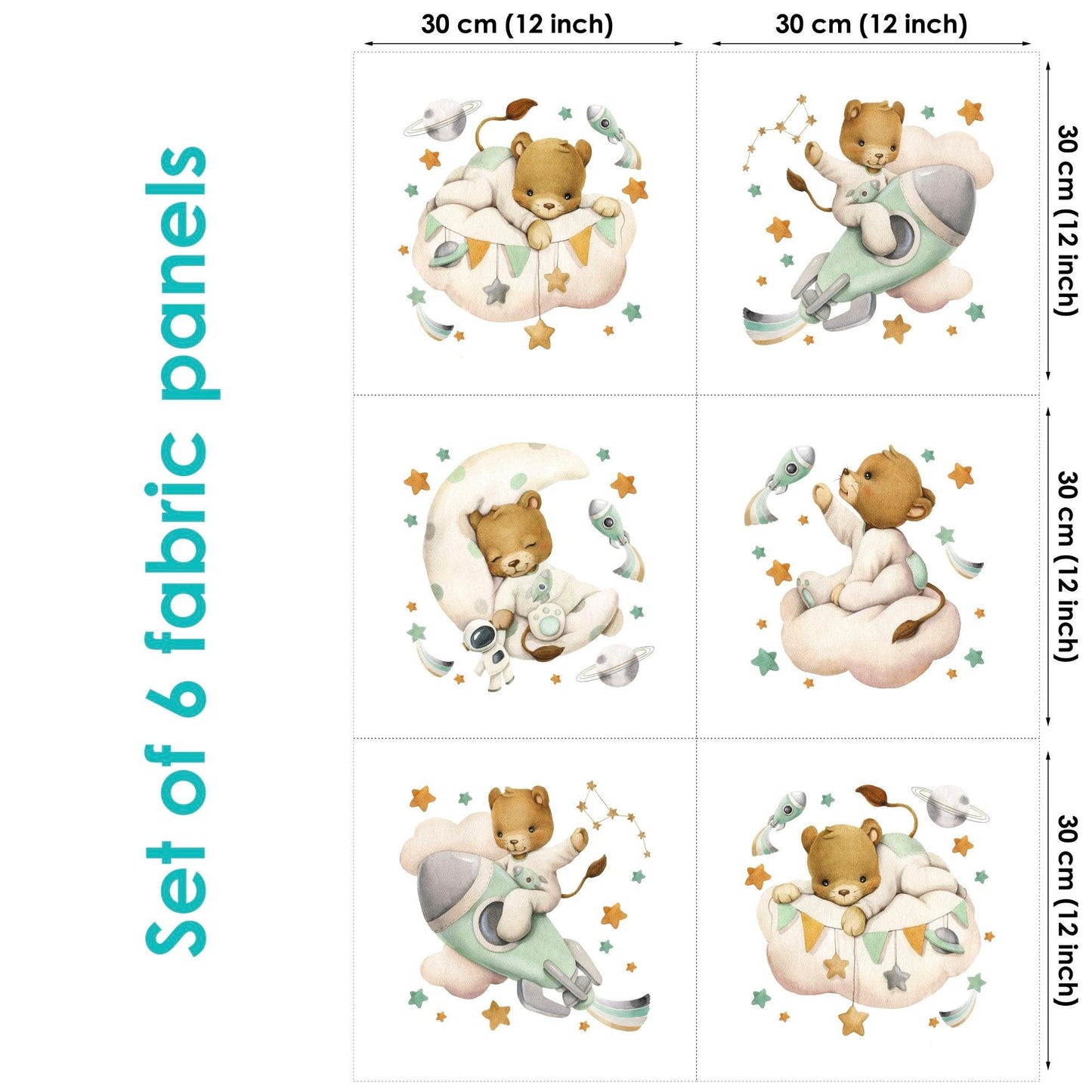 Set of 6 fabric panels featuring cartoon-style lion characters in various poses and expressions against a variety of backgrounds.