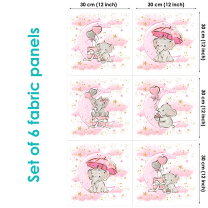 Set of 6 fabric panels featuring pink background and elephant motifs, with a size of 30cm x 30cm each.