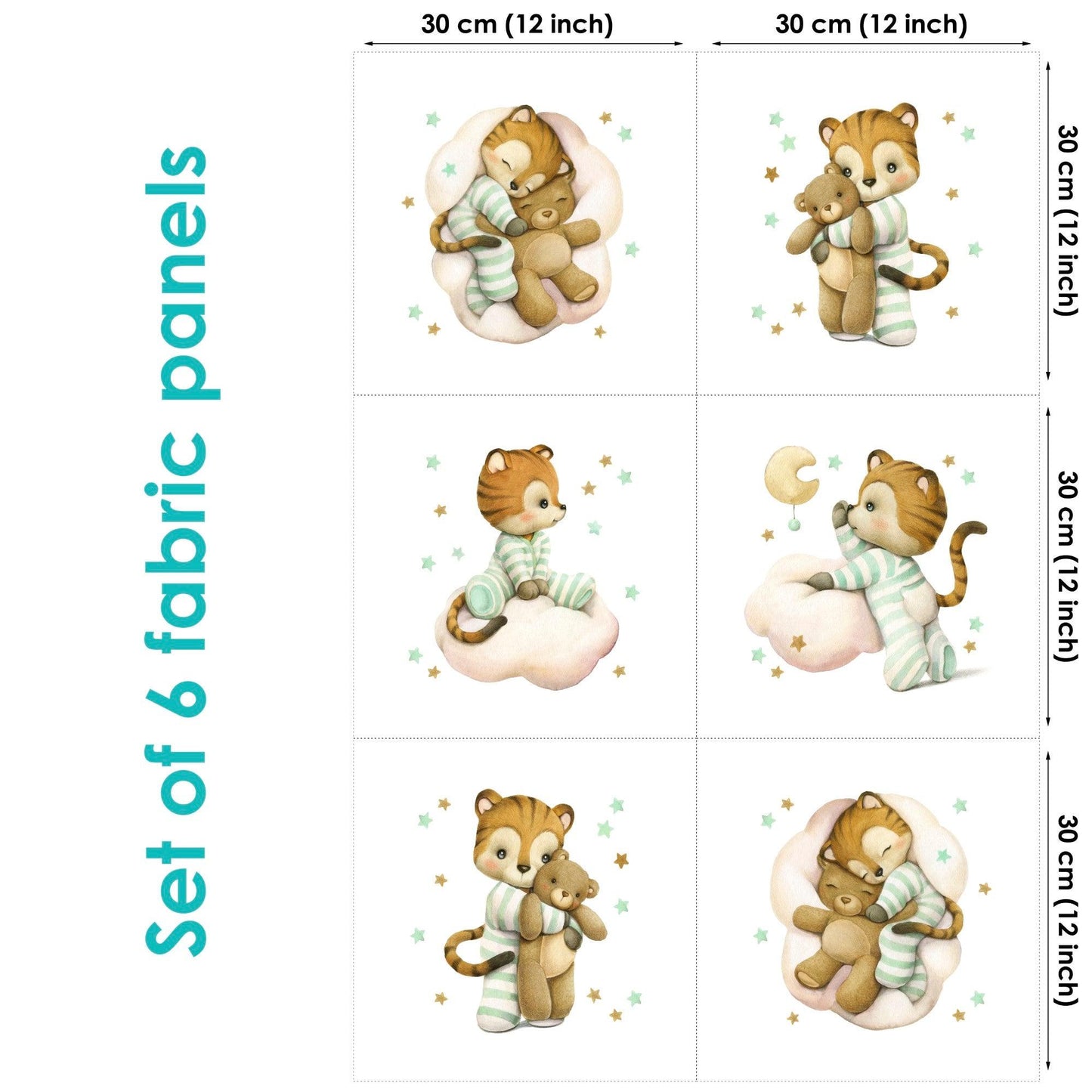Set of 6 fabric panels with cute lions in mint pijamas designs, each 30 cm by 30 cm.