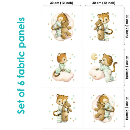 Set of 6 fabric panels with cute lions in mint pijamas designs, each 30 cm by 30 cm.