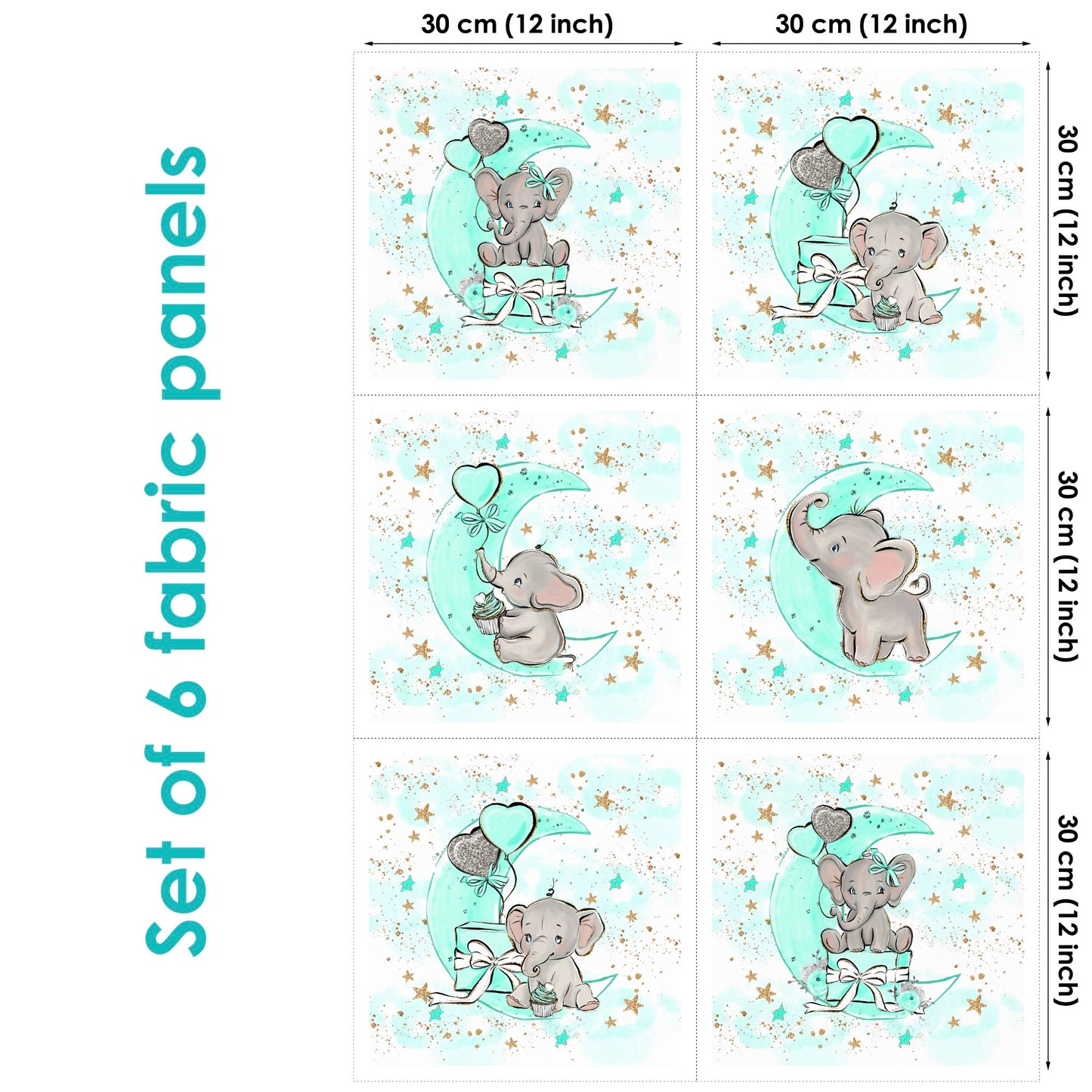 Set of 6 fabric panels featuring colorful illustrations of elephants and moon motifs on a light blue background with stars.