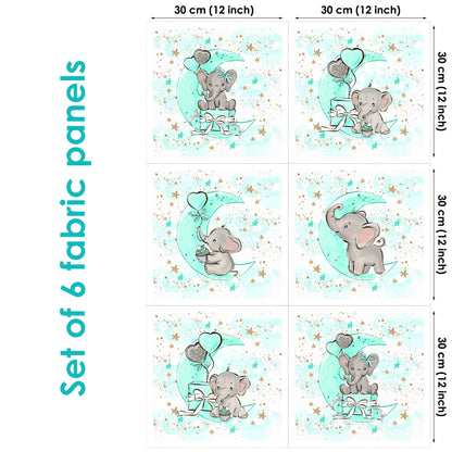 Set of 6 fabric panels featuring colorful illustrations of elephants and moon motifs on a light blue background with stars.