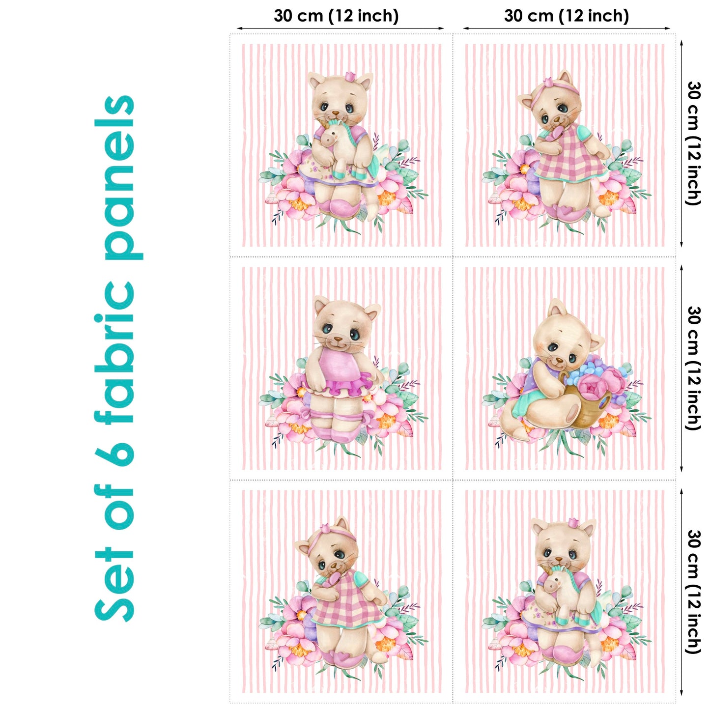 Set of 6 fabric panels featuring cute kitty with flowers design, each measuring 30x30cm.