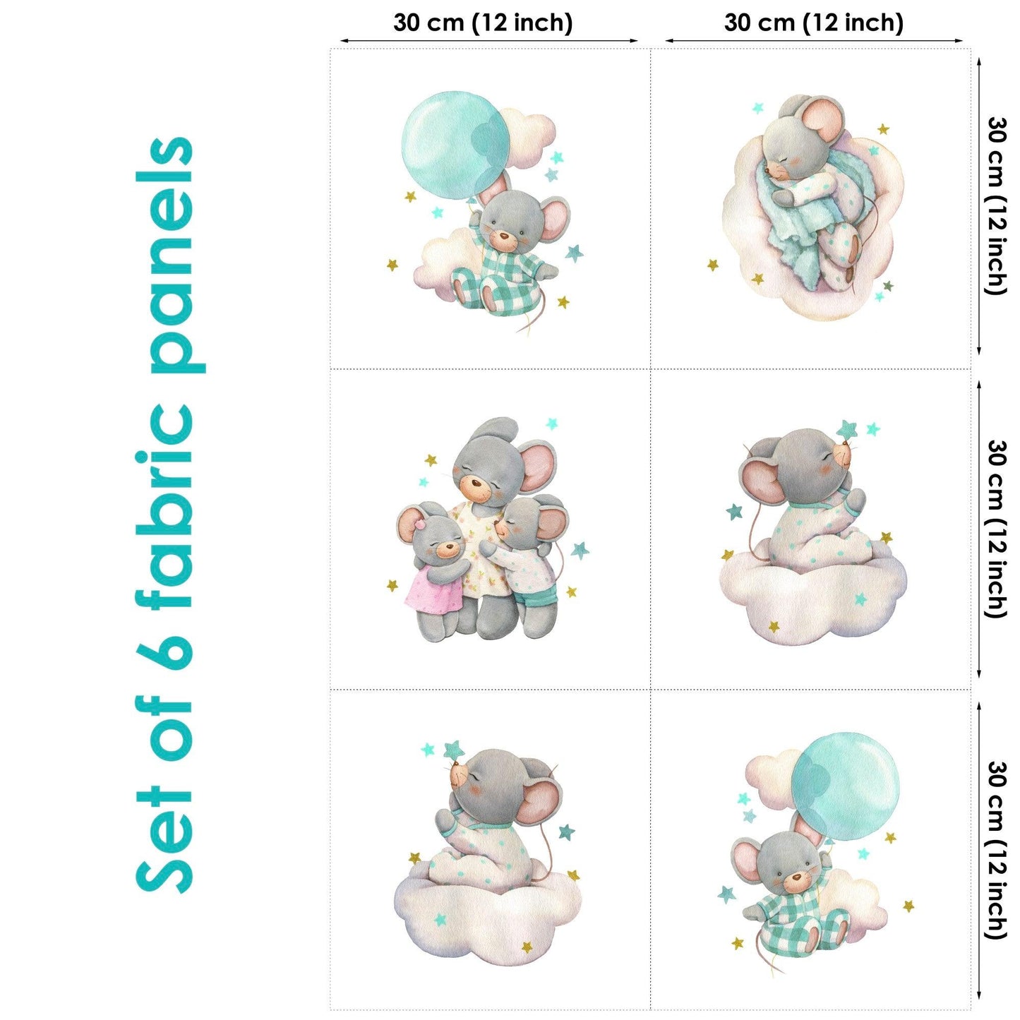 Set of six fabric panels featuring cute mouse designs, each with a size of 30x30 cm, displayed against a white background.