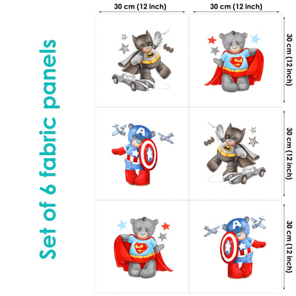 Set of six fabric panels featuring superhero-themed characters, including a bear in a superhero costume and a cape, with dimensions provided for each panel.
