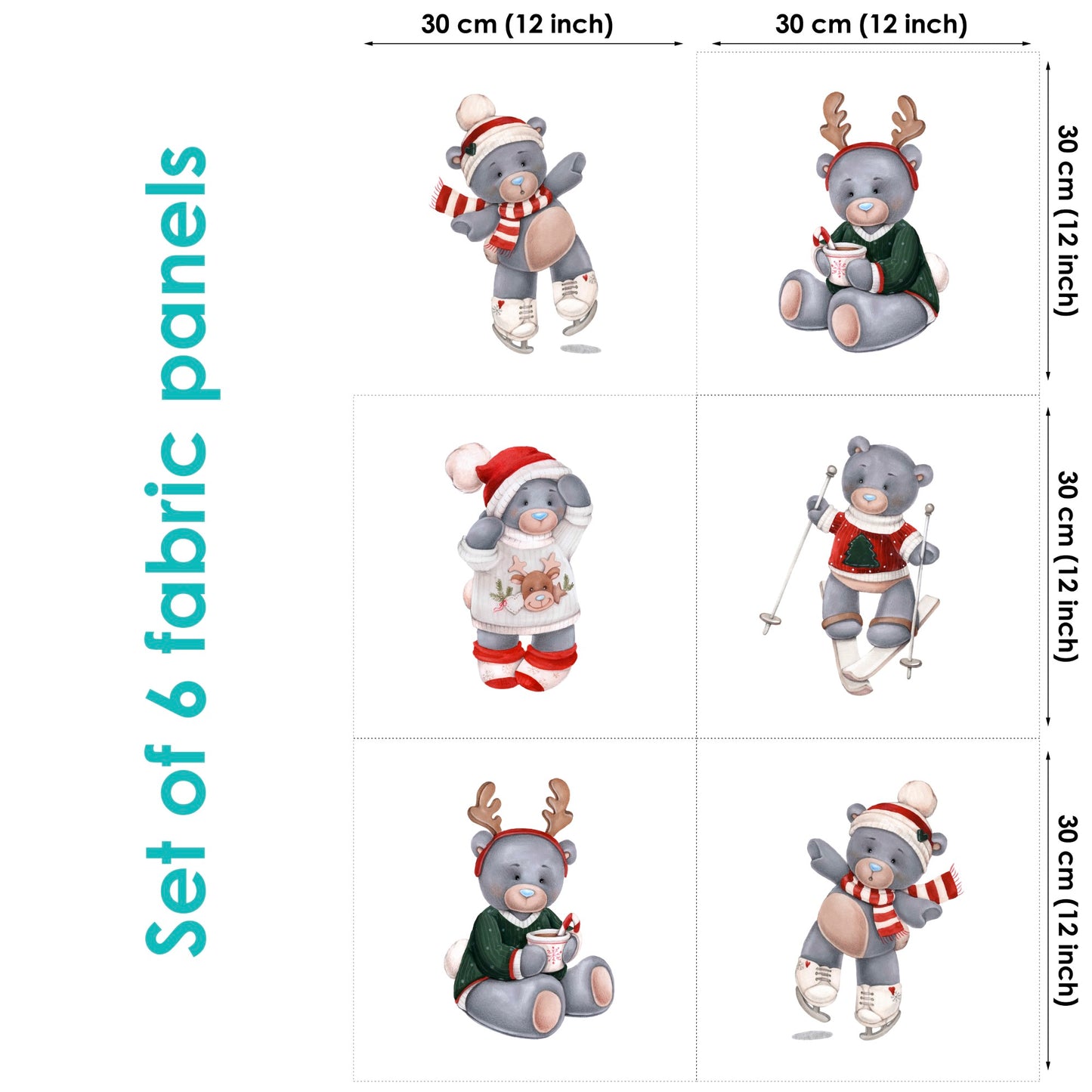 Set of 6 fabric panels featuring Christmas-themed designs with a cute bear in various outfits.