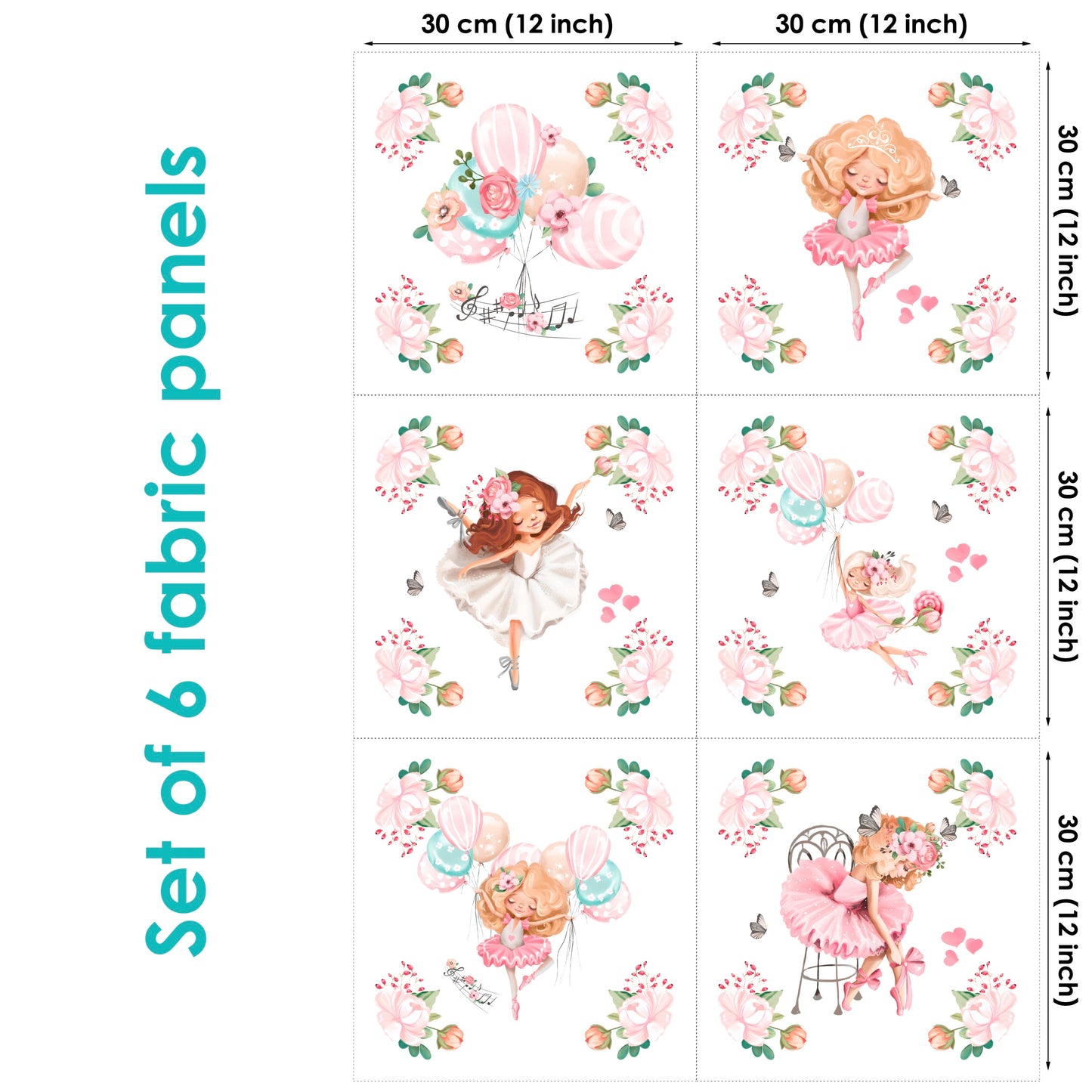 A set of six fabric panels featuring ballet-themed prints, including characters and floral patterns, in various sizes from 29.21 to 33.