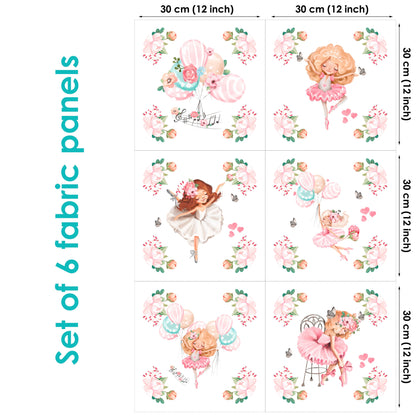 A set of six fabric panels featuring ballet-themed prints, including characters and floral patterns, in various sizes from 29.21 to 33.