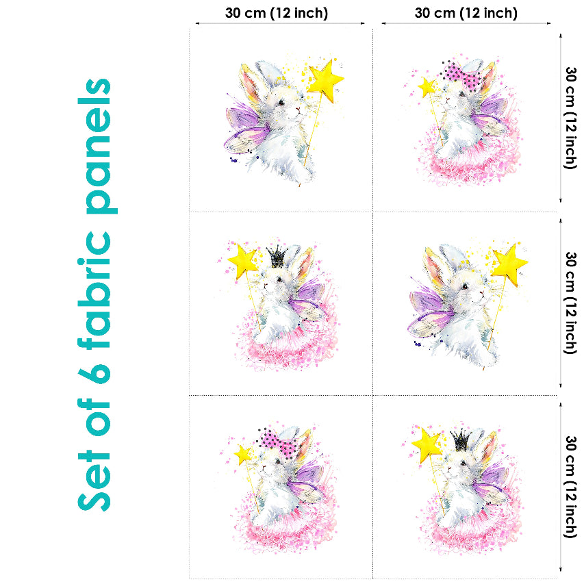 Set of 6 fabric panels featuring a colorful illustration of a bunny with stars and a fairy-tale castle.
