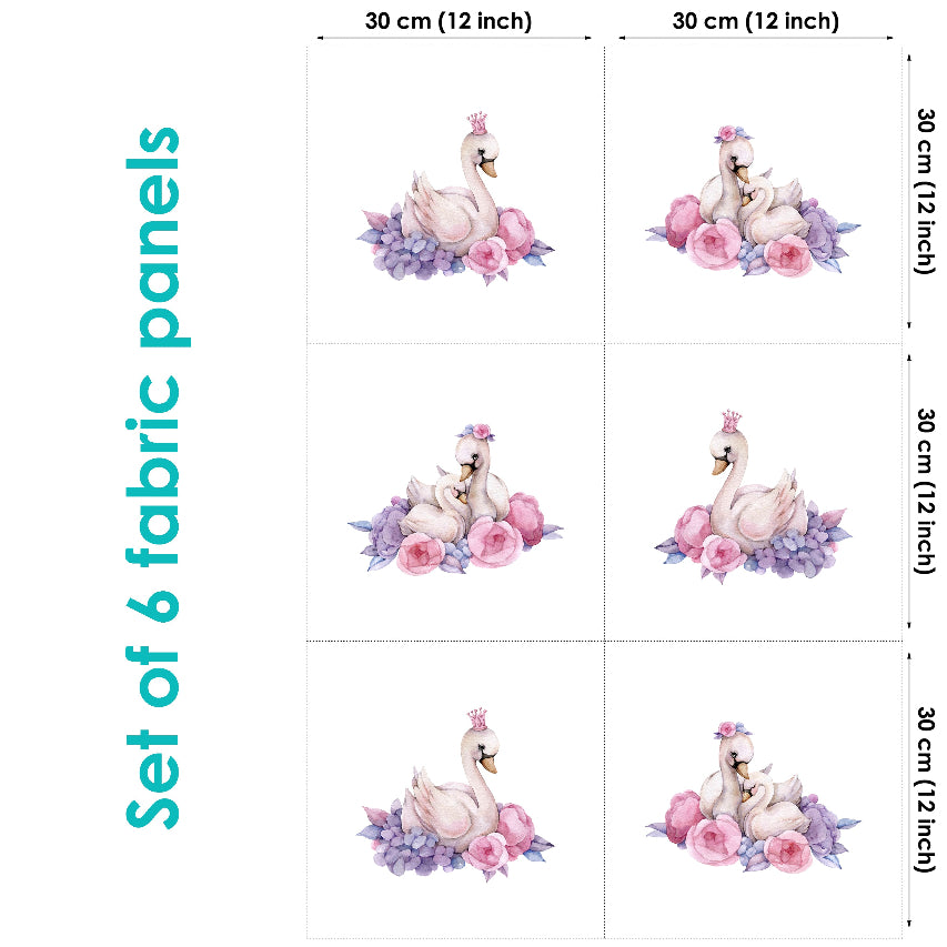 Set of 6 fabric panels featuring illustrations of swans with pink flowers, each panel is 30cm x 30cm.