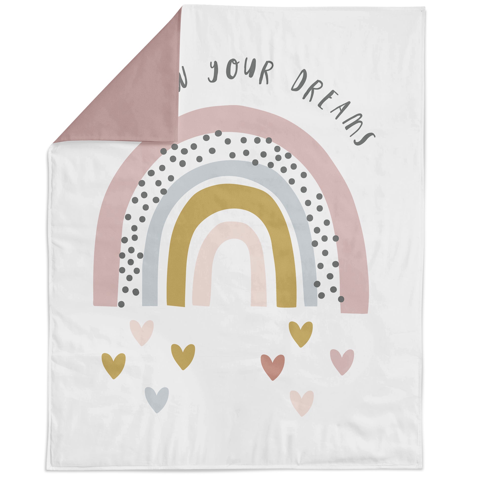 A fabric panel featuring a rainbow with hearts at the bottom, and text that says 'Use your dreams'.