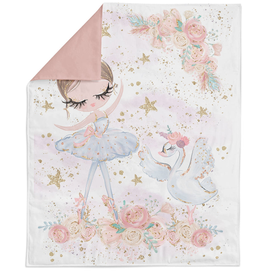Blanket with a ballerina and swan design on a white background