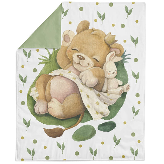 Baby blanket with lion king and bunny design on a white background