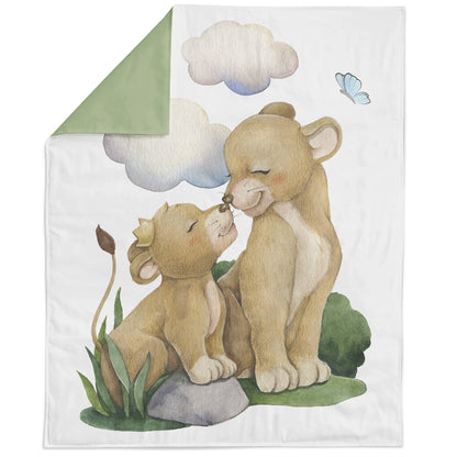 Children's blanket with lion design featuring two lions and a cloud.