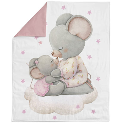 Fabric panel featuring a cute mouse design in shades of pink and gray, with a border of pink on one side.