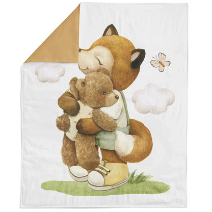 A fabric panel featuring a cute fox character holding a teddy bear, with a background of green hills and blue sky.