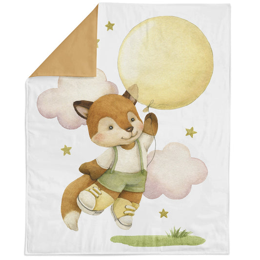 Children's blanket with a fox character holding a balloon on a white background