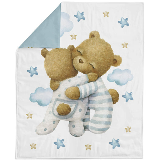A fabric panel featuring a cute baby teddy bear with a blue and white striped shirt, surrounded by a border of blue stars.