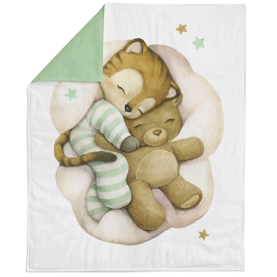 Fabric panel featuring an illustration of a baby tiger and a teddy bear in a white and green color scheme, with a green triangle at the top.