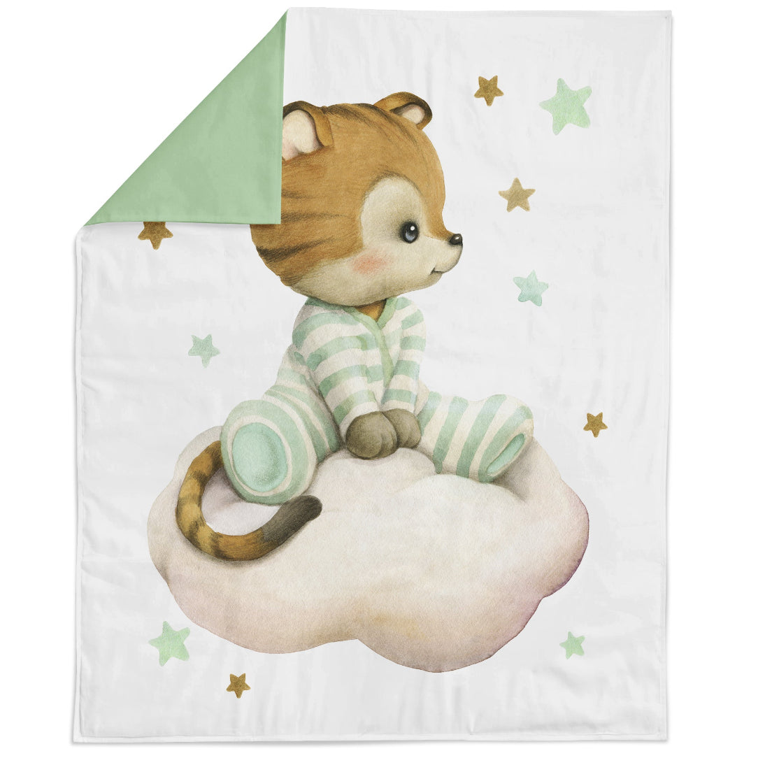Fabric panel featuring a cartoon baby tiger in a green and white striped outfit