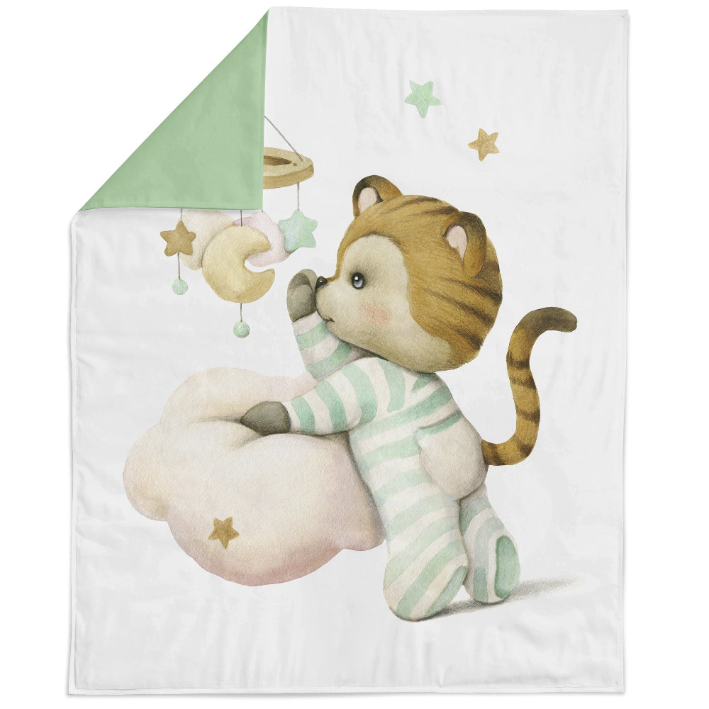Fabric panel featuring a cartoon illustration of a baby tiger with a green bow and stars, lying on a white cloud