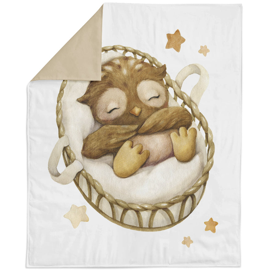 Fabric panel with a cute owl design, depicted in an illustrative style, with a basket and stars background.