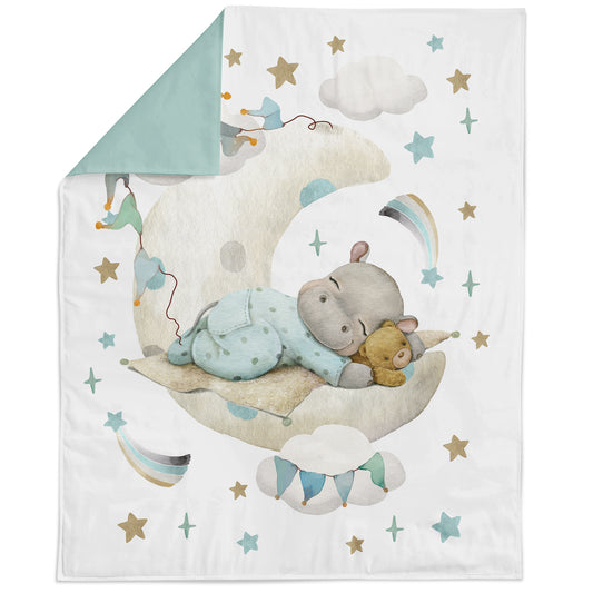 Baby blanket - fabric panel with sleeping mint hippo on the moon