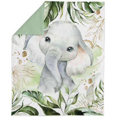A fabric panel featuring a printed elephant design with green and brown tones, intended for quilting and crafting.
