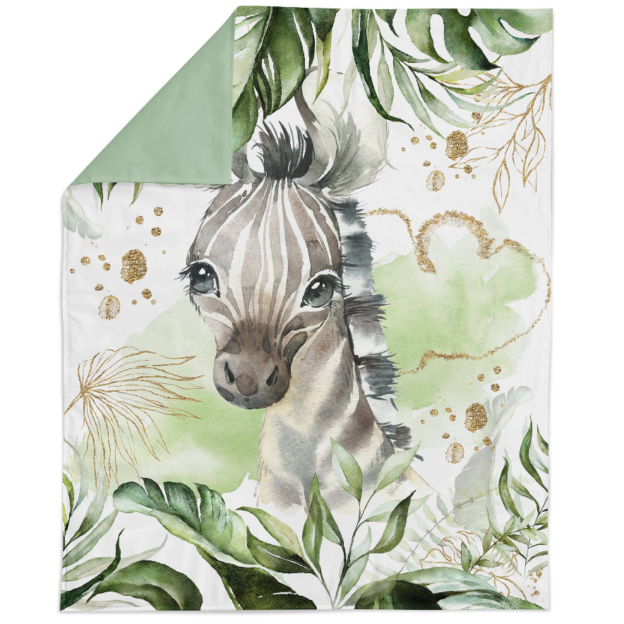 Fabric panel featuring a printed design with a giraffe in a jungle setting, surrounded by green foliage and gold accents.