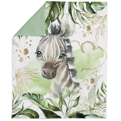 Fabric panel featuring a printed design with a giraffe in a jungle setting, surrounded by green foliage and gold accents.