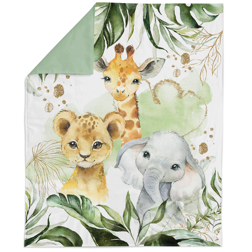 A baby blanket featuring colorful jungle animals like giraffes, elephants, lions on a green background