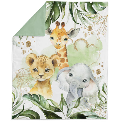 A baby blanket featuring colorful jungle animals like giraffes, elephants, lions on a green background