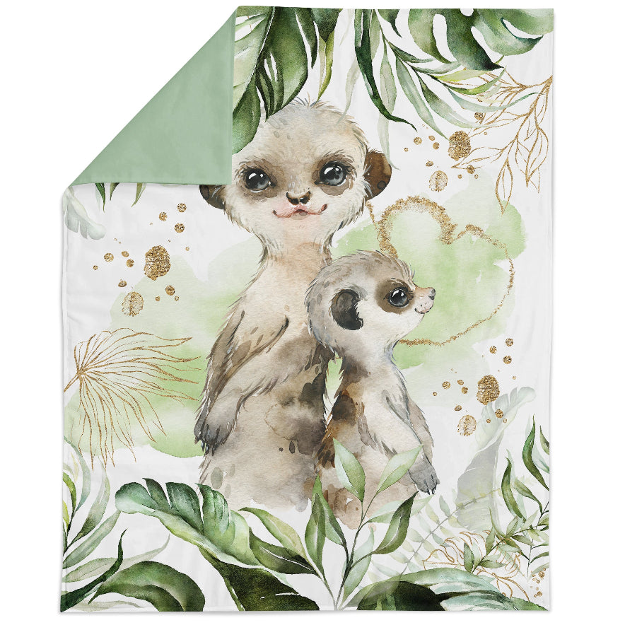Fabric panel with a jungle safari theme, featuring illustrations of two animal characters among green foliage.