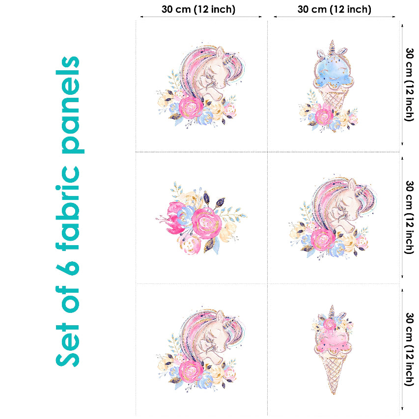 Set of 6 fabric panels featuring colorful unicorn and floral patterns, each measuring 30x30cm.