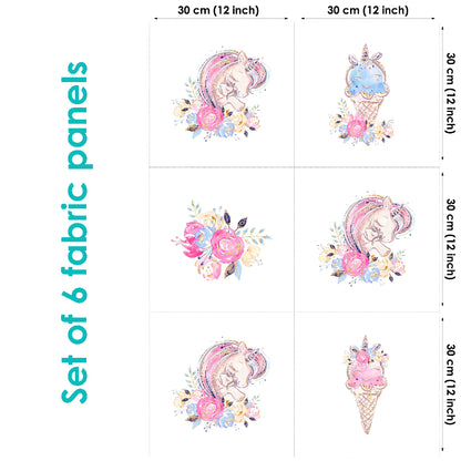 Set of 6 fabric panels featuring colorful unicorn and floral patterns, each measuring 30x30cm.