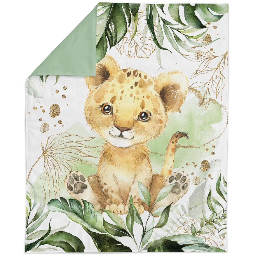 A fabric panel featuring a colorful jungle safari-themed design with a cartoonish leopard and tropical foliage.