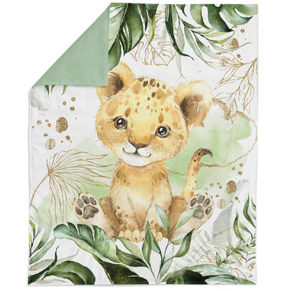 A fabric panel featuring a colorful jungle safari-themed design with a cartoonish leopard and tropical foliage.