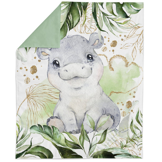 Fabric panel with a printed design featuring a cartoon hippopotamus in a jungle setting, surrounded by green foliage and gold accents.