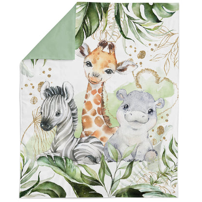 A fabric panel featuring illustrations of a giraffe, zebra, and hippopotamus surrounded by green foliage, intended for quilting and crafting purposes.