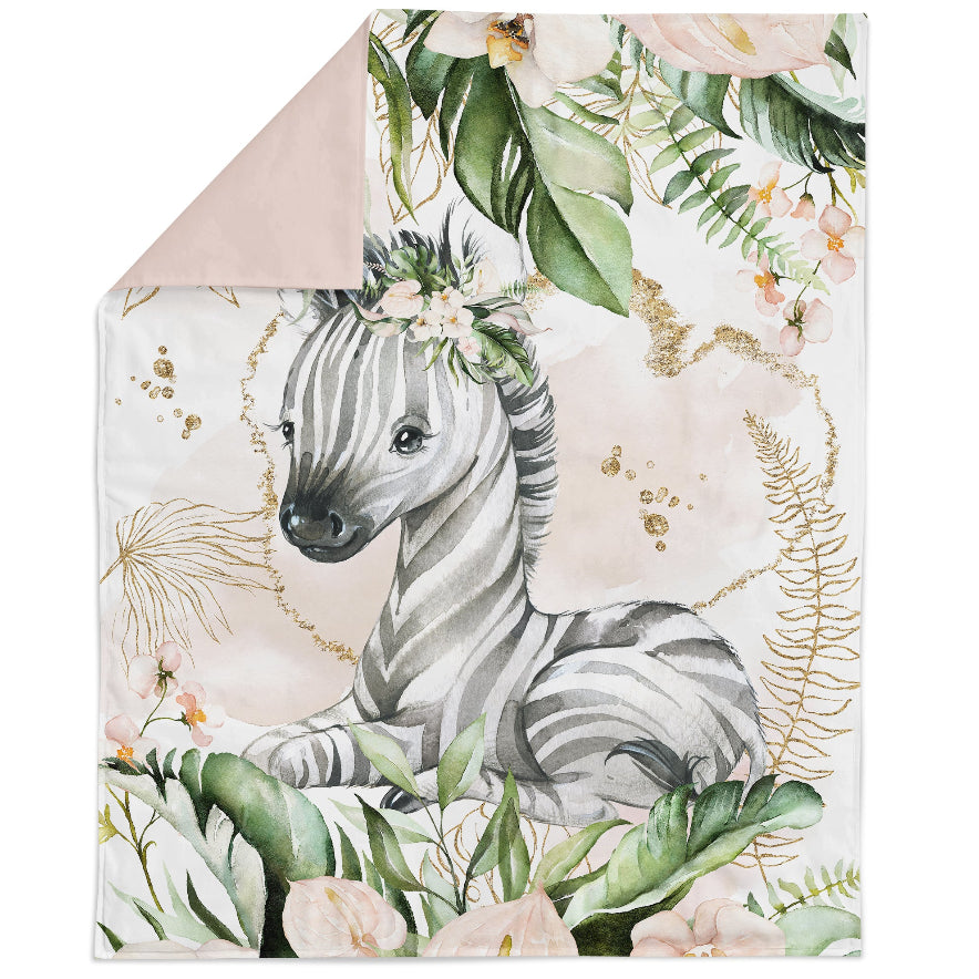 A fabric panel with a quilted design featuring a stylized zebra amidst green foliage and flowers.