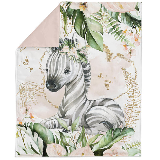 A fabric panel with a quilted design featuring a stylized zebra amidst green foliage and flowers.