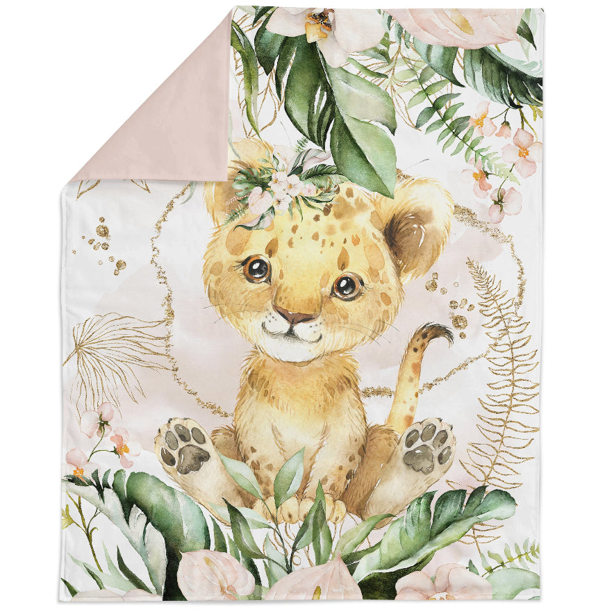 A fabric panel featuring a printed design with a cartoon-style lion in a jungle setting, with green foliage and pink accents on the edges.