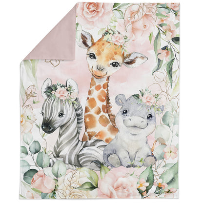 Fabric panel with a safari animal theme, featuring a giraffe, zebra, and antelope among floral patterns, on a pink background.