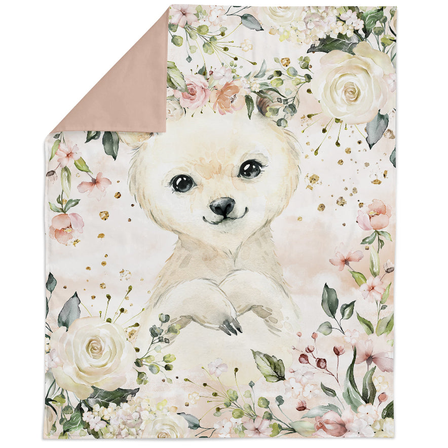A fabric panel featuring a printed image of a cute dog with flowers in the background.