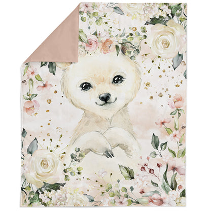 A fabric panel featuring a printed image of a cute dog with flowers in the background.