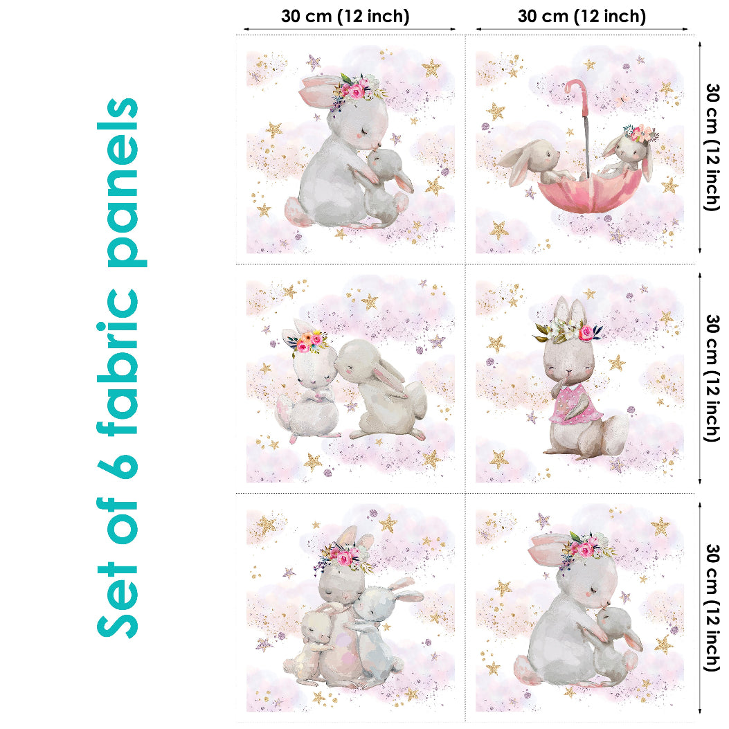 Set of 6 fabric panels featuring illustrated bunny characters in various poses and settings against a pink, floral, and star-patterned background.