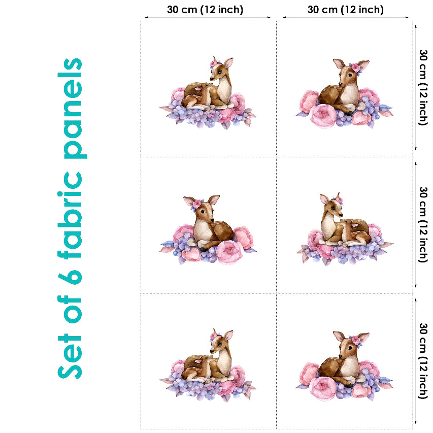 Set of 6 fabric panels with deer and floral designs, each 30 cm x 30 cm.
