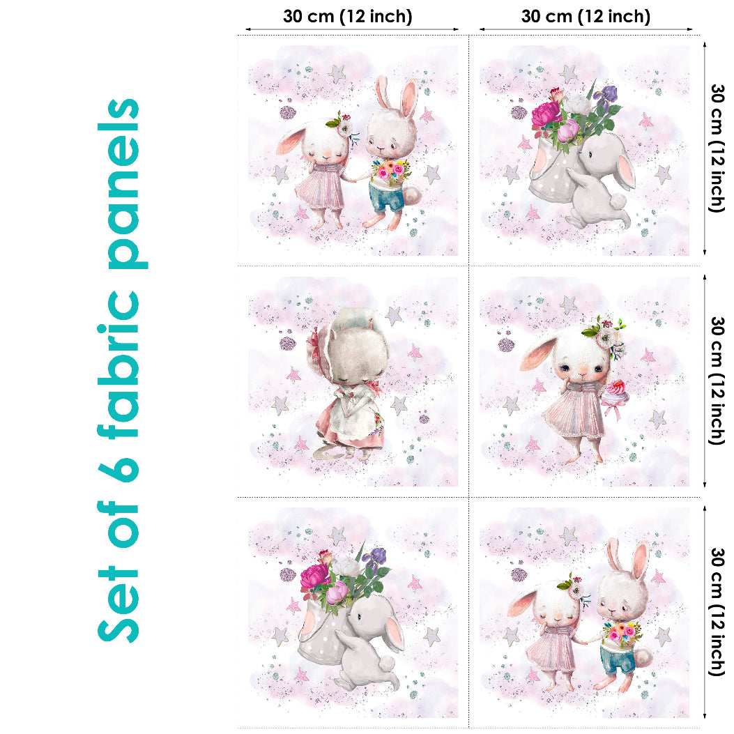 Set of 6 fabric panels featuring illustrated bunny characters in various poses against a pink floral background.