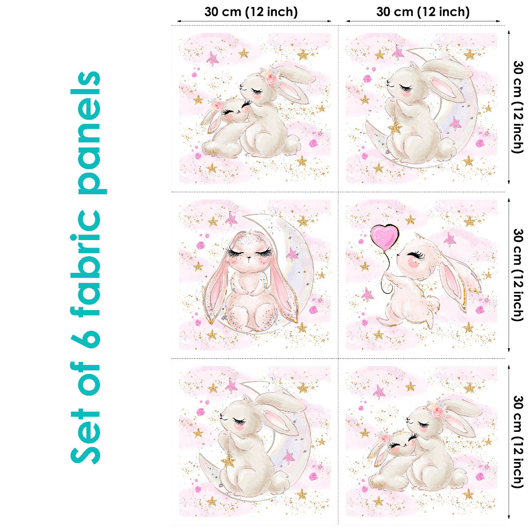 Set of six fabric panels featuring cartoon-style bunny characters in various poses and expressions against a pink, starry background.