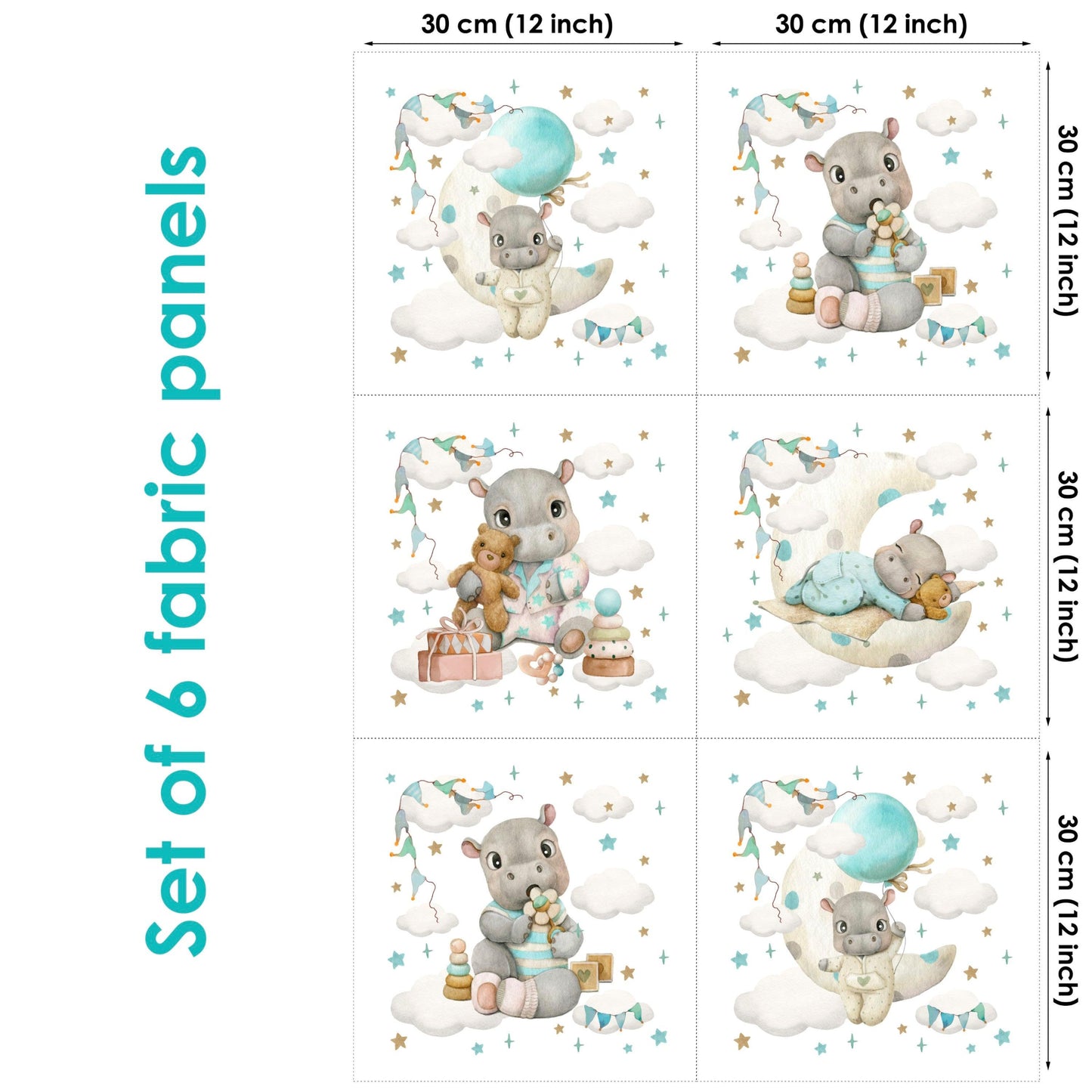 Set of 6 fabric panels with cartoon hippo designs, each 30 cm by 30 cm.